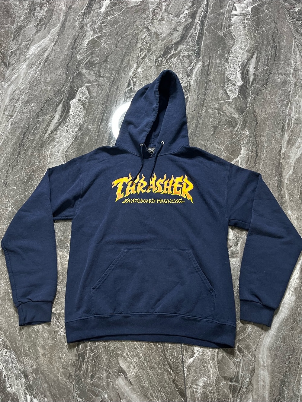 Thrasher Magazine Flame Logo Hoodie Navy Blue Pullover Mens Medium M Skate